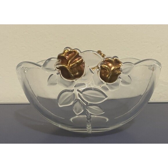 Vintage Mikasa Gilded Rose Gold Accented Frosted Leaf Crystal Clear  fruit Bowl - Picture 4 of 16